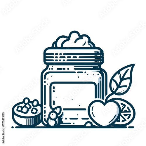 Line art jar of cream with fruits and herbs on white background  