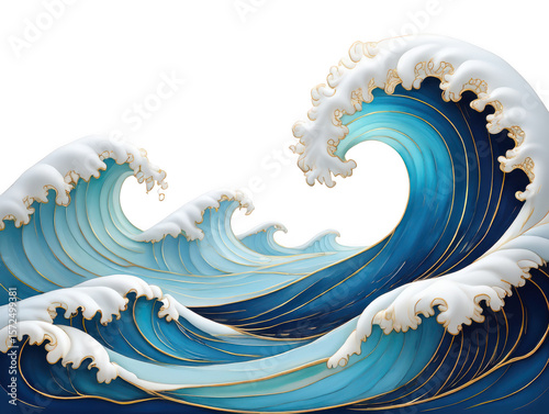 Stylized blue and white ocean waves with gold accents isolated on transparent background
