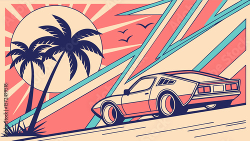 Retro car driving on beach road with palm trees and sun vector illustration design for summer vibes art