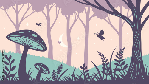 Mushroom forest illustration vector design with trees moon and butterflies nature scene landscape background