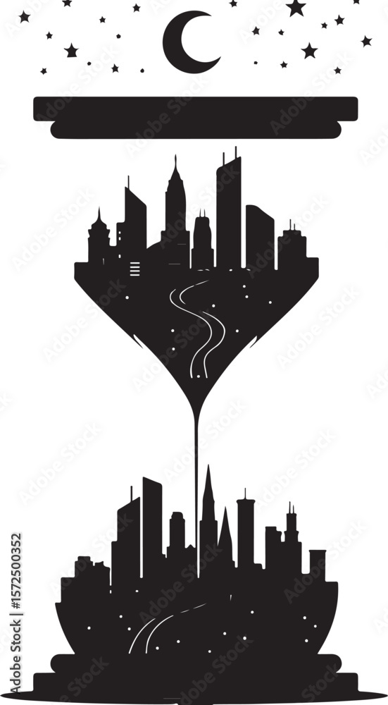 Naklejka premium Black and White Illustration of a Surreal Hourglass Encasing a Dual Cityscape—One with a Moon and Aircraft, One Without