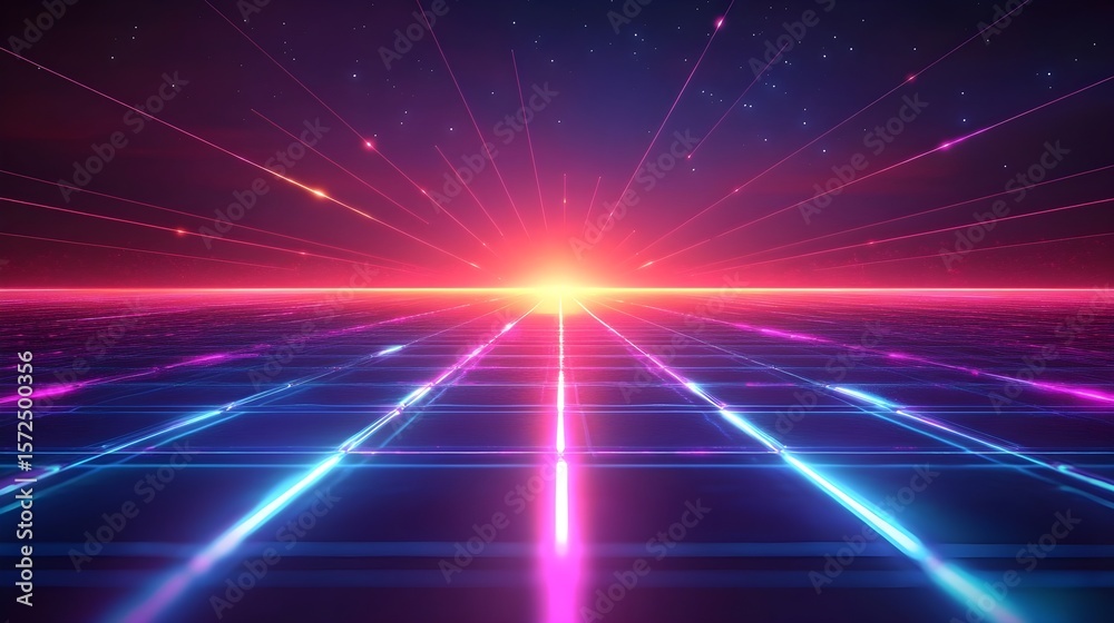 Obraz premium 未来的なシンセウェーブの夕焼けグリッド風景、鮮やかなネオンライトと星空
