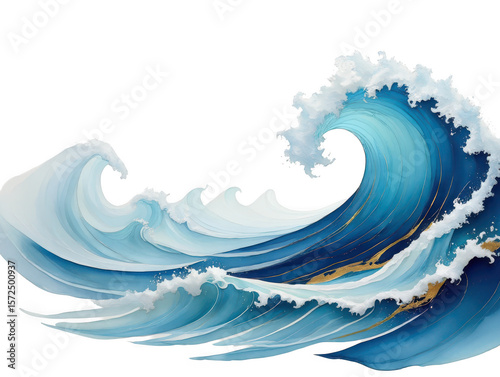 Stylized blue ocean waves with white foam and golden accents isolated on transparent background
