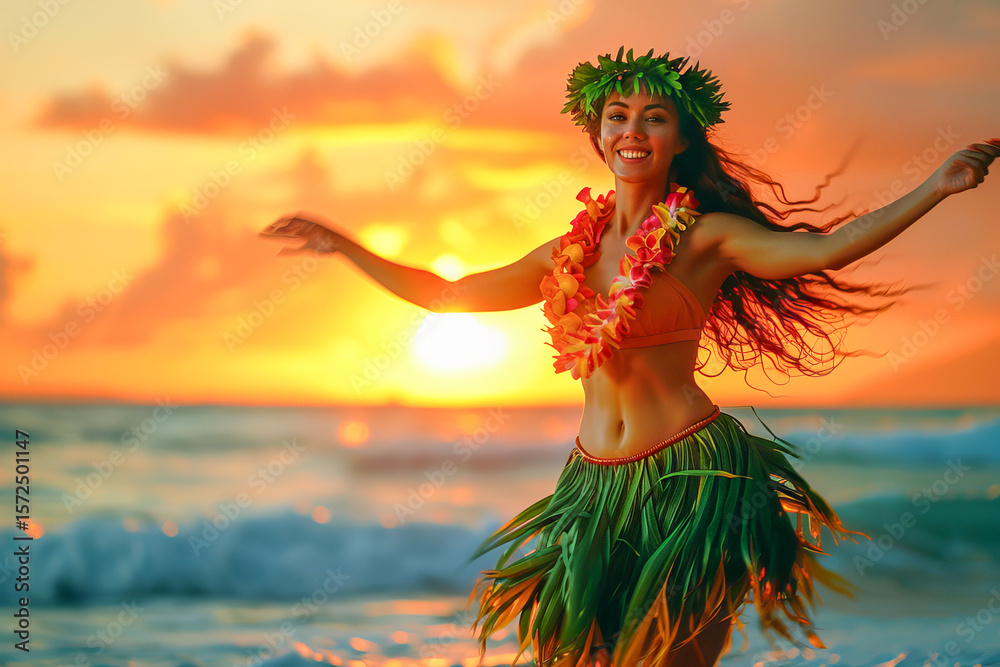 Naklejka premium Hawaiian hula dancer with flower lei dancing at sunset