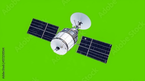 A satellite in space, with solar panels and a dish, against a green background. This image captures the essence of modern technology and its impact