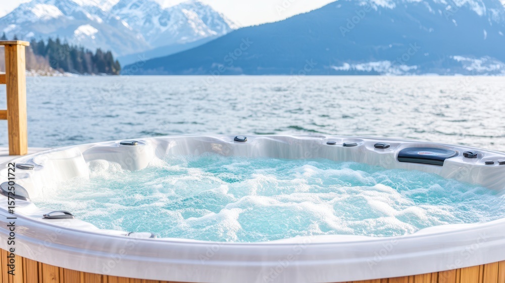 Serene Hot Tub Overlooking the Lake: Experience tranquility as you relax in a bubbling hot tub with a stunning vista of a snow-capped mountain lake. It's the ultimate getaway. Serene Hot Tub Overlooking the Lake: Experience tranquility as you relax in a bubbling hot tub with a stunning vista of a snow-capped mountain lake. It's the ultimate getaway.