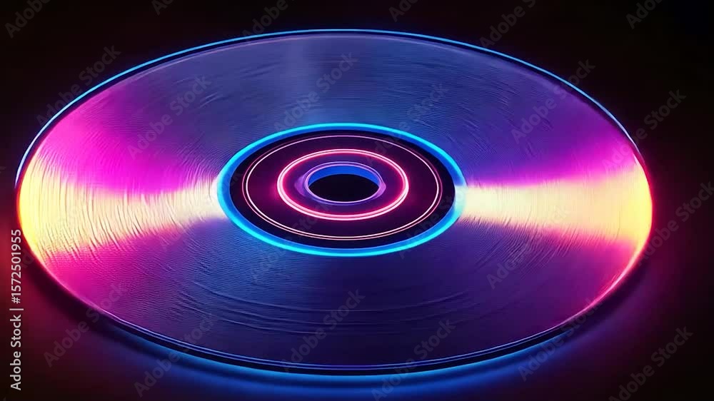 Neon compact disc glowing in vibrant colors against a dark background	