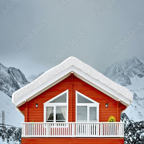 Snow Dusted Red Cabin Roof Against Cloudy Sky and Snowy Mountains