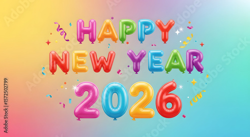 Colorful Gradient Happy New Year 2026 Balloon Letters – Festive Celebration with Confetti and Sparkles
