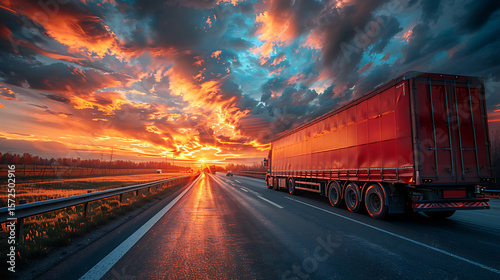 Wallpaper Mural Semi truck driving on highway at sunset transportation logistics travel Torontodigital.ca