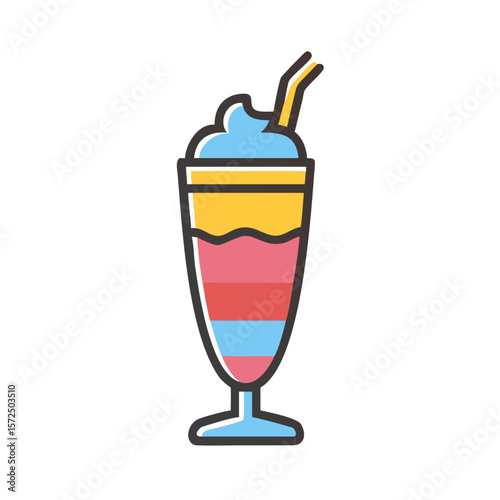 Colorful milkshake in a tall glass with straw and whipped cream  