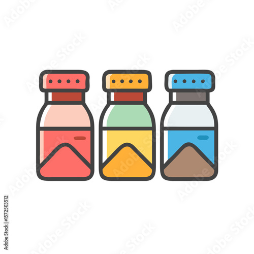 Colorful glass bottles with different contents in minimal style  