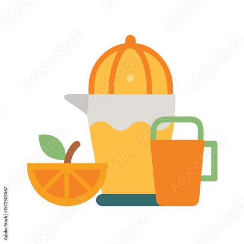 Orange juicer with pitcher and cup displaying fresh juice  