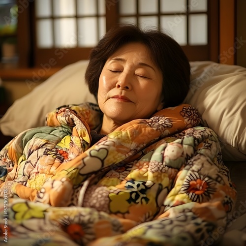 花柄のキルトにくるまり、ベッドで安らかに休む穏やかな成熟した女性