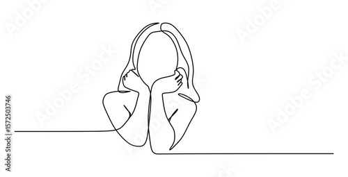 Continuous line art of a posing woman raising her hand to her chin. career woman style concept.