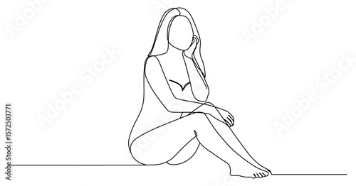 Continuous line art of a woman posing in a bikini. The concept of a stylish career woman. This icon is for an advertisement for an underwear product.