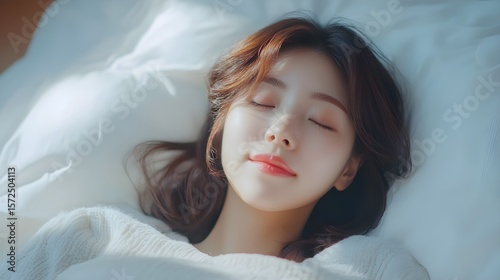 柔らかな光と穏やかなリラクゼーションでベッドでぐっすり眠る穏やかな若い女性