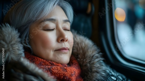 暖かい冬服を着て公共交通機関で休憩する穏やかな成熟した女性