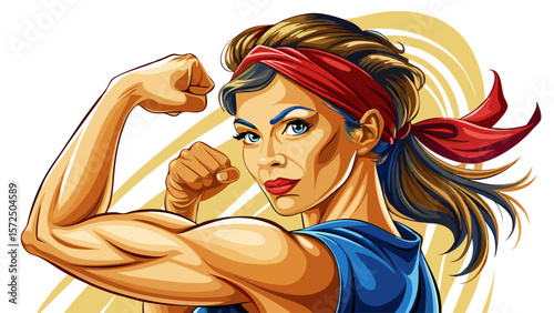 Close up Woman demonstrating strength by flexing her arm muscle against a light  white  background