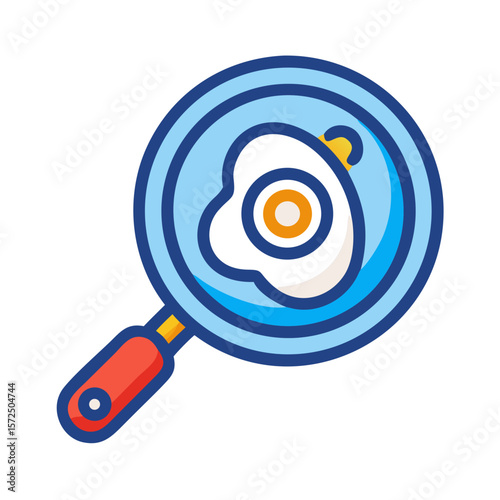 Fried egg in a blue frying pan with red handle on white background  