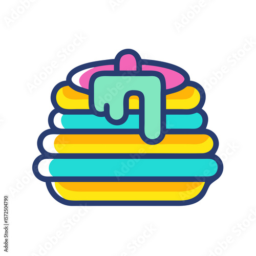 Colorful stack of pancakes with syrup and cream topping  