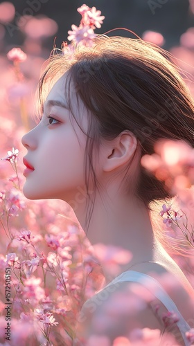 夕暮れ時のピンクの花畑にいる穏やかな若い女性。自然を楽しむ美しいアジア人女性