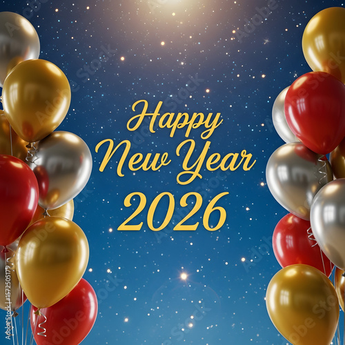Starry Sky Happy New Year 2026 – Elegant Celebration with Red, Gold & Silver Balloons