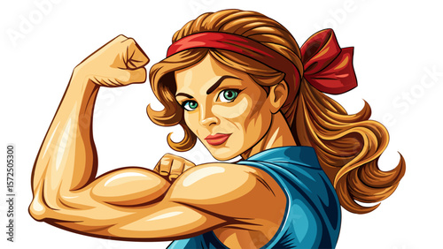 Close up Woman demonstrating strength by flexing her arm muscle against a light  white  background