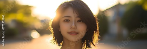 黄金の時間の太陽を浴びる、茶色のショートヘアの美しい若いアジア人女性