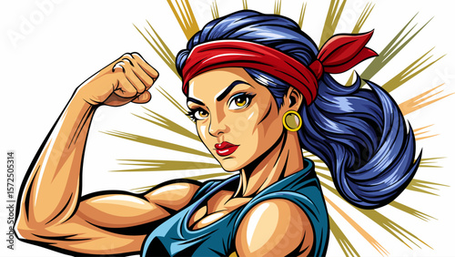 Close up Woman demonstrating strength by flexing her arm muscle against a light  white  background