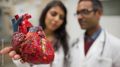 Doctors Examining Heart Model with Medical Study, and Lab.