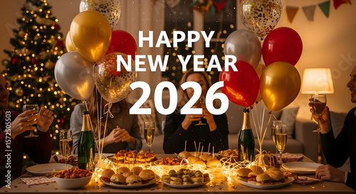 Cozy Indoor Happy New Year 2026 Celebration – Family Dinner with Balloons, Lights & Festive Food