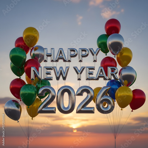 Sunset Happy New Year 2026 Balloons – Colorful Celebration Over Scenic Evening Sky