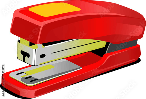 Image is a digital illustration of a stapler, featuring a sleek and modern design. The stapler is predominantly red with a glossy finish, giving it a vibrant and eye-catching appearance. The top secti