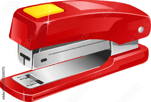 Image is a digital illustration of a stapler, featuring a sleek and modern design. The stapler is predominantly red with a glossy finish, giving it a vibrant and eye-catching appearance. The top secti