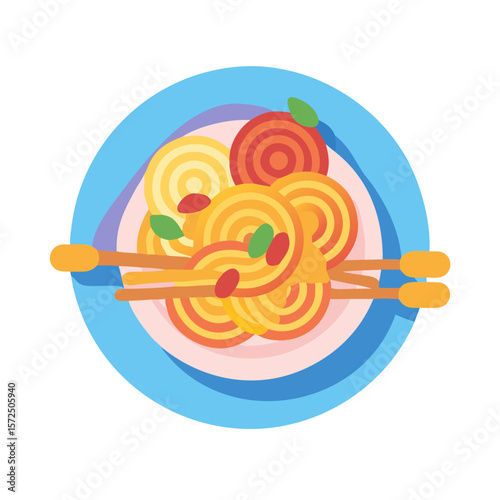 Colorful plate of spaghetti with chopsticks on blue background  