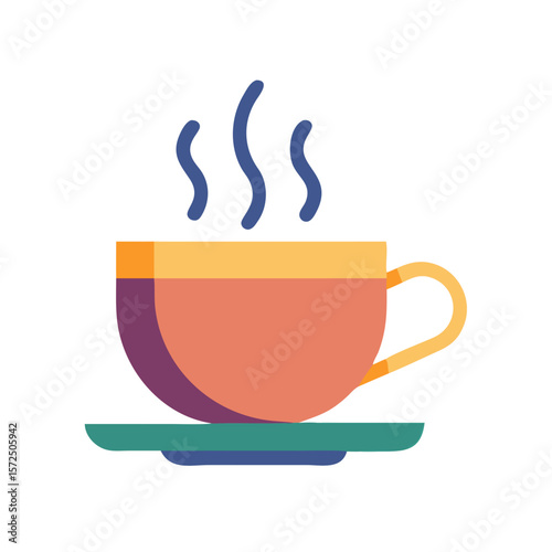 Colorful coffee cup steaming on saucer against white background  