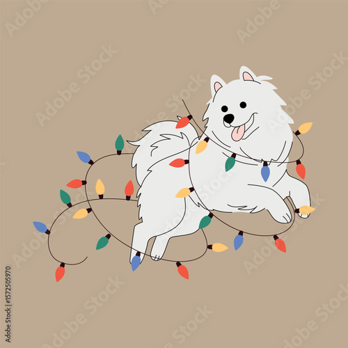 Playful fluffy white dog tangled in colorful Christmas lights. Festive cartoon illustration on beige background. Perfect for holiday cards, pet-themed designs, and winter celebration decor. Vector