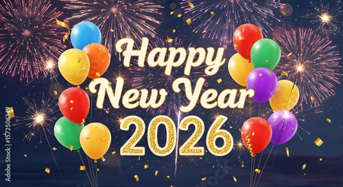 Fireworks & Balloons Happy New Year 2026 – Colorful Night Celebration with Sparkles and Confetti