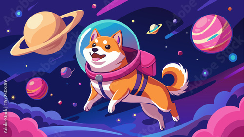 Happy cartoon dog in a space suit floating in colorful outer space with planets and stars around