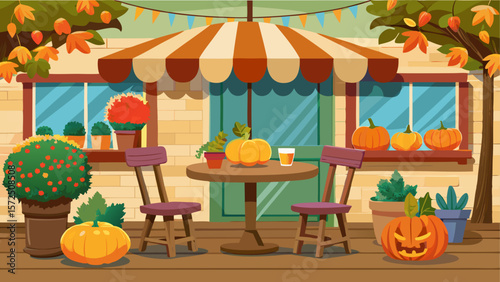 Cozy outdoor cafe decorated with pumpkins, autumn leaves and potted plants under a striped canopy in fall season