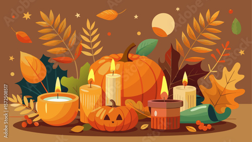 Autumn composition with pumpkins, candles, leaves and berries in warm cozy colors on a brown background