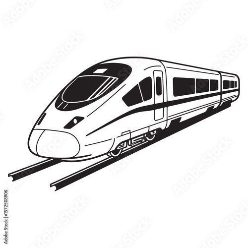 Black and white illustration of a modern high speed train on railroad tracks