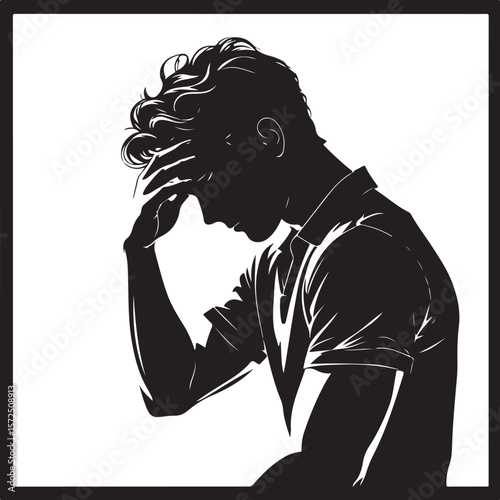 Silhouette of Man with Headache or Stress - Deep Thought Concept