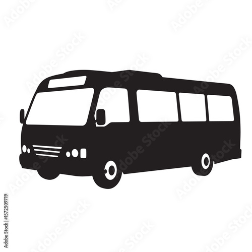 Black and white silhouette illustration of a mini bus representing transportation and travel