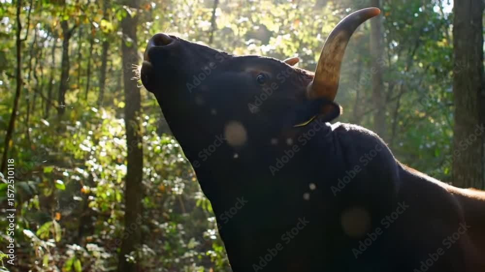 Close-up of horned bull in forest light