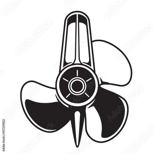 Black and white vector illustration of a boat propeller with three blades on white