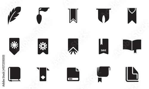 a collection of simple, black and white icons representing various book-related items, such as bookmarks, feathers, and books in different formats.