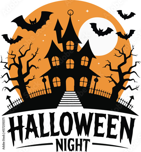 Spooky Halloween night with haunted house and bats silhouette in orange background Transparent isolated vector png