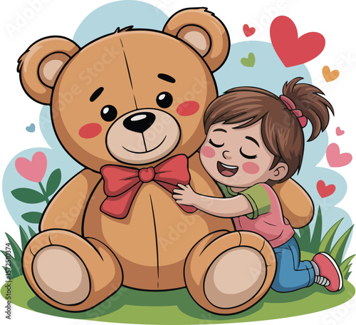 A child lovingly hugs a teddy bear, expressing pure affection. Transparent isolated vector png